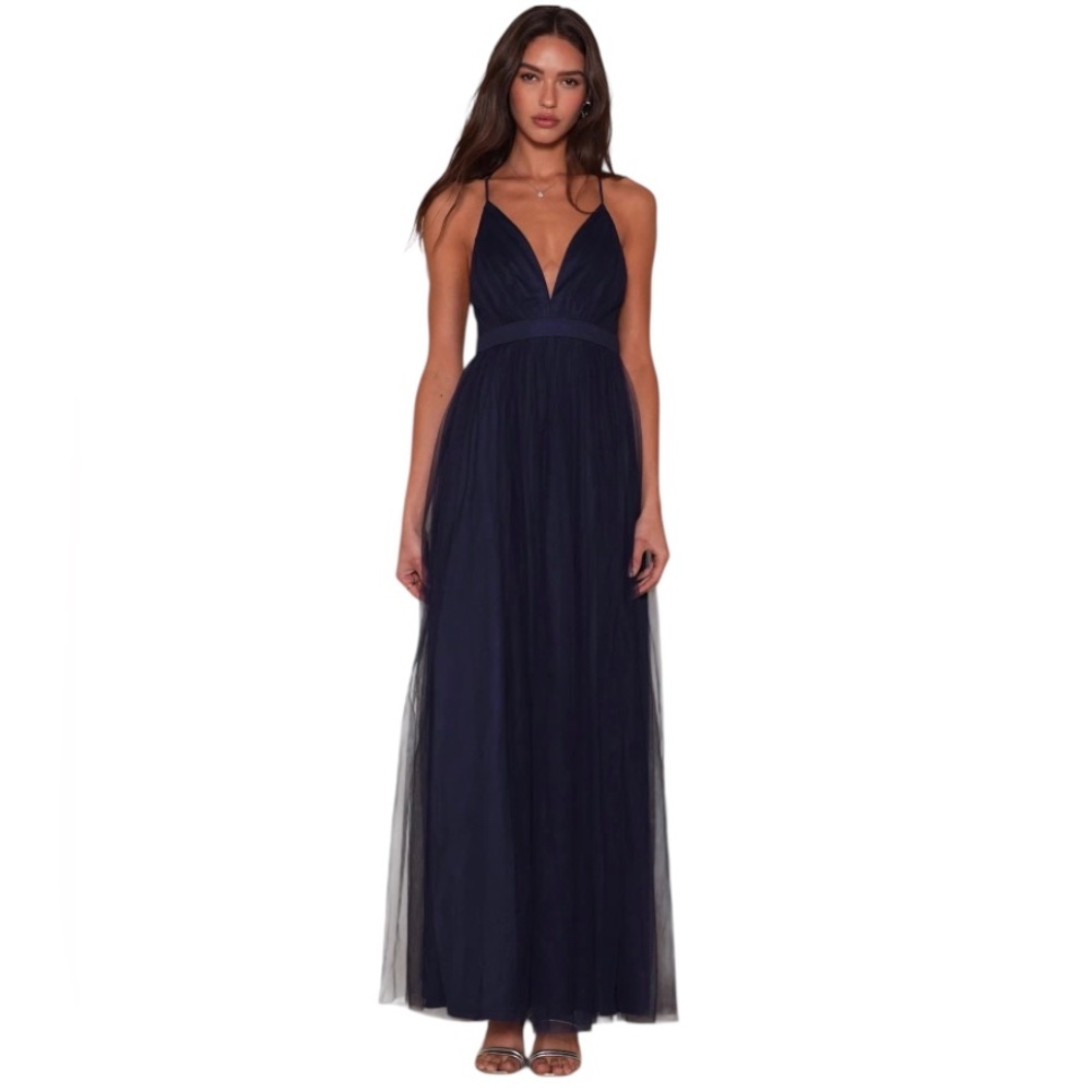 Lulus NWT Rate Beauty Navy Blue Tulle Backless Maxi Dress Sz S